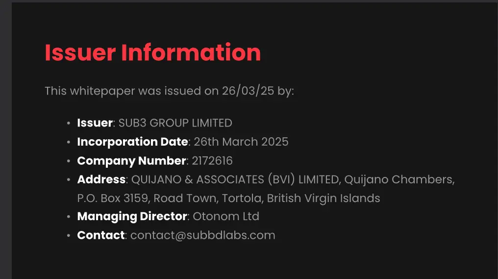 Issuer information for SUBBD Token, shows SUB3 GROUP LIMITED, company number 2172616, registered at Quijano Chambers, Road Town, BVI.