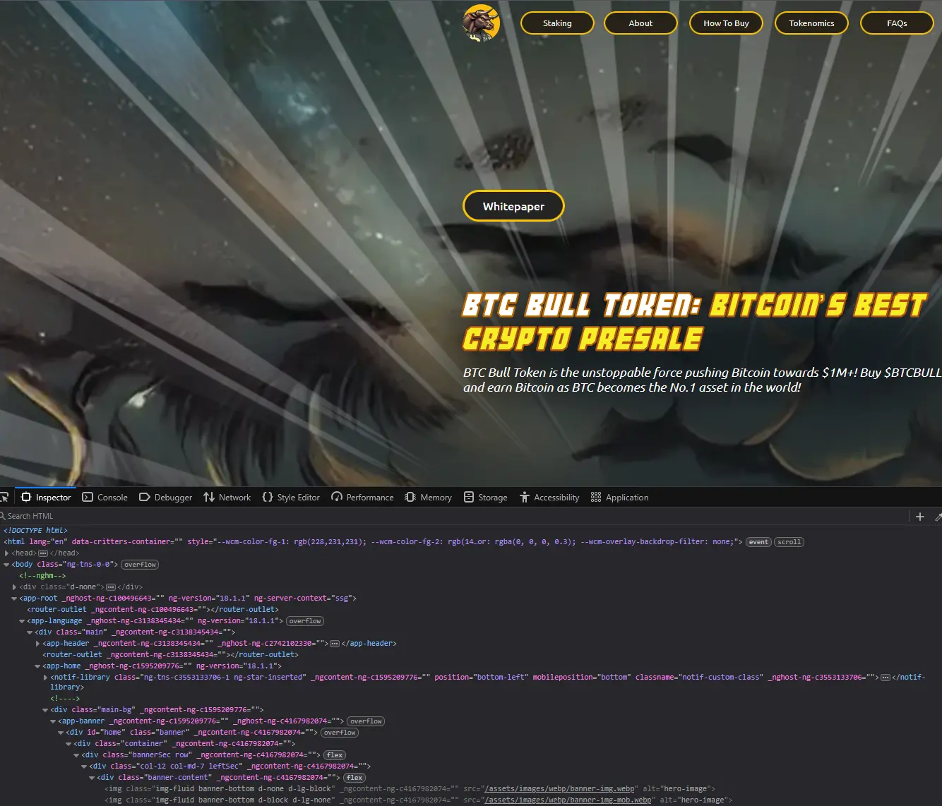 Web code snippet of BTCBull, shows Angular components like <app-header> and <app-banner> as well as identical ng--classes.