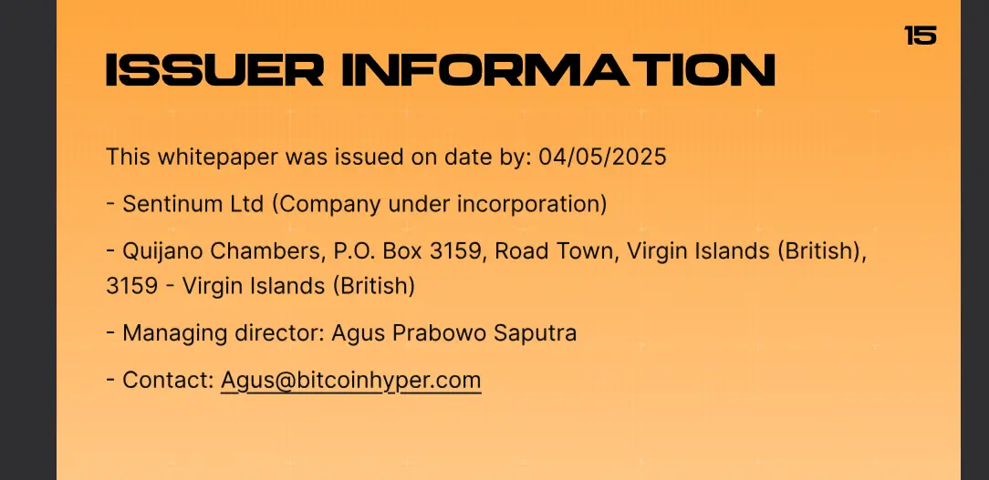 Issuer information for BitcoinHyper, shows Sentinum Ltd (Incorporation pending), no company number, registered at Quijano Chambers, P.O Box 3159, Road Town, BVI.
