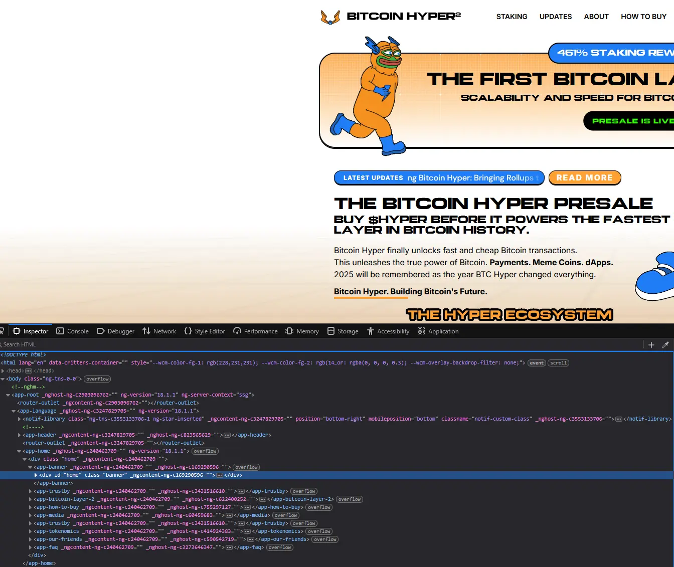 Web code snippet of BitcoinHyper, shows Angular components like <app-header> and <app-banner> as well as identical ng--classes.