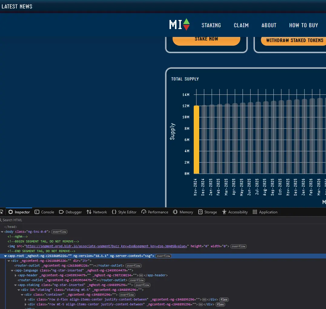 Web code snippet of MemeIndex, shows Angular components like <app-header> and <app-banner> as well as identical ng--classes.
