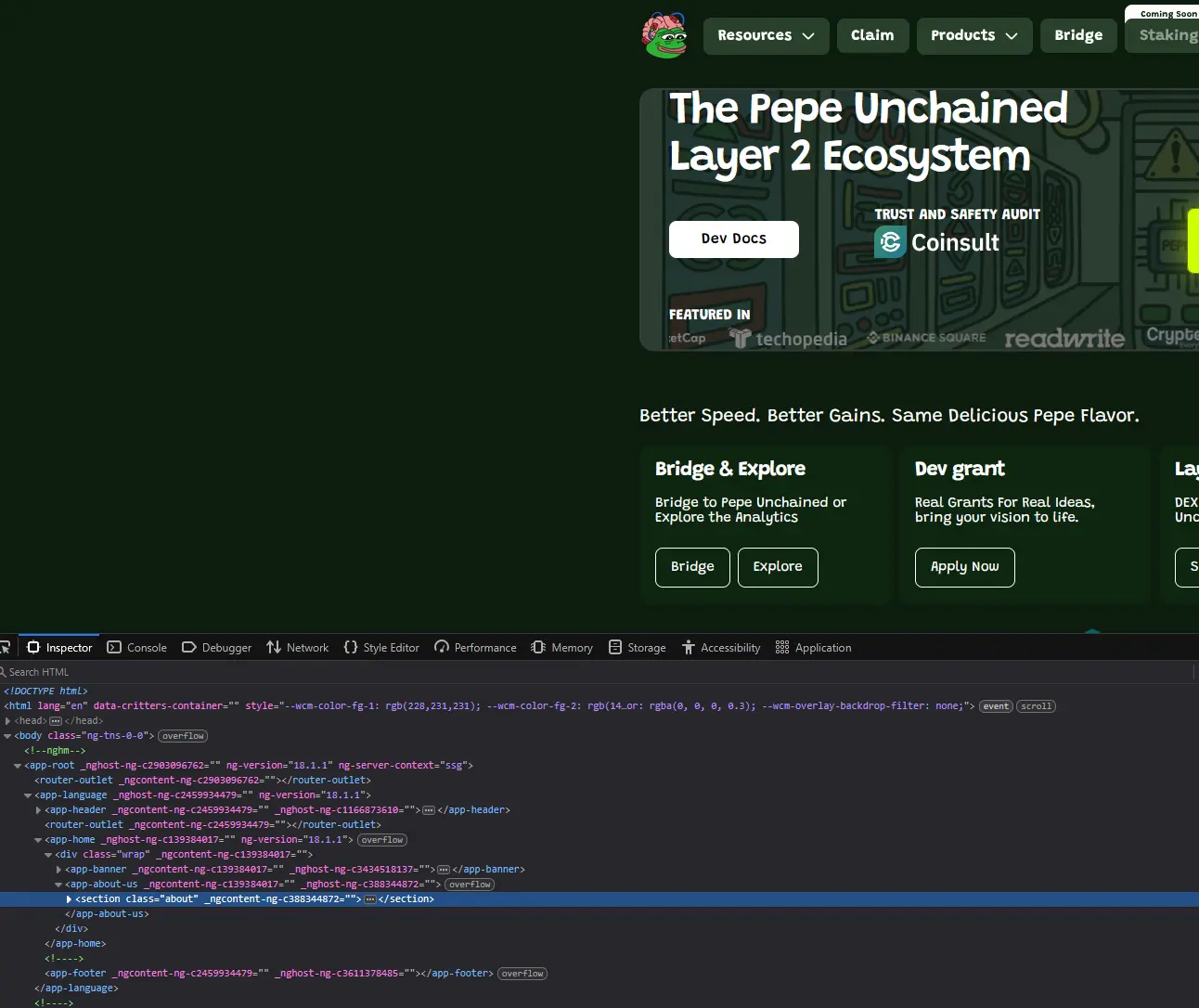 Web code snippet of PepeUnchained, shows Angular components like <app-header> and <app-banner> as well as identical ng--classes.