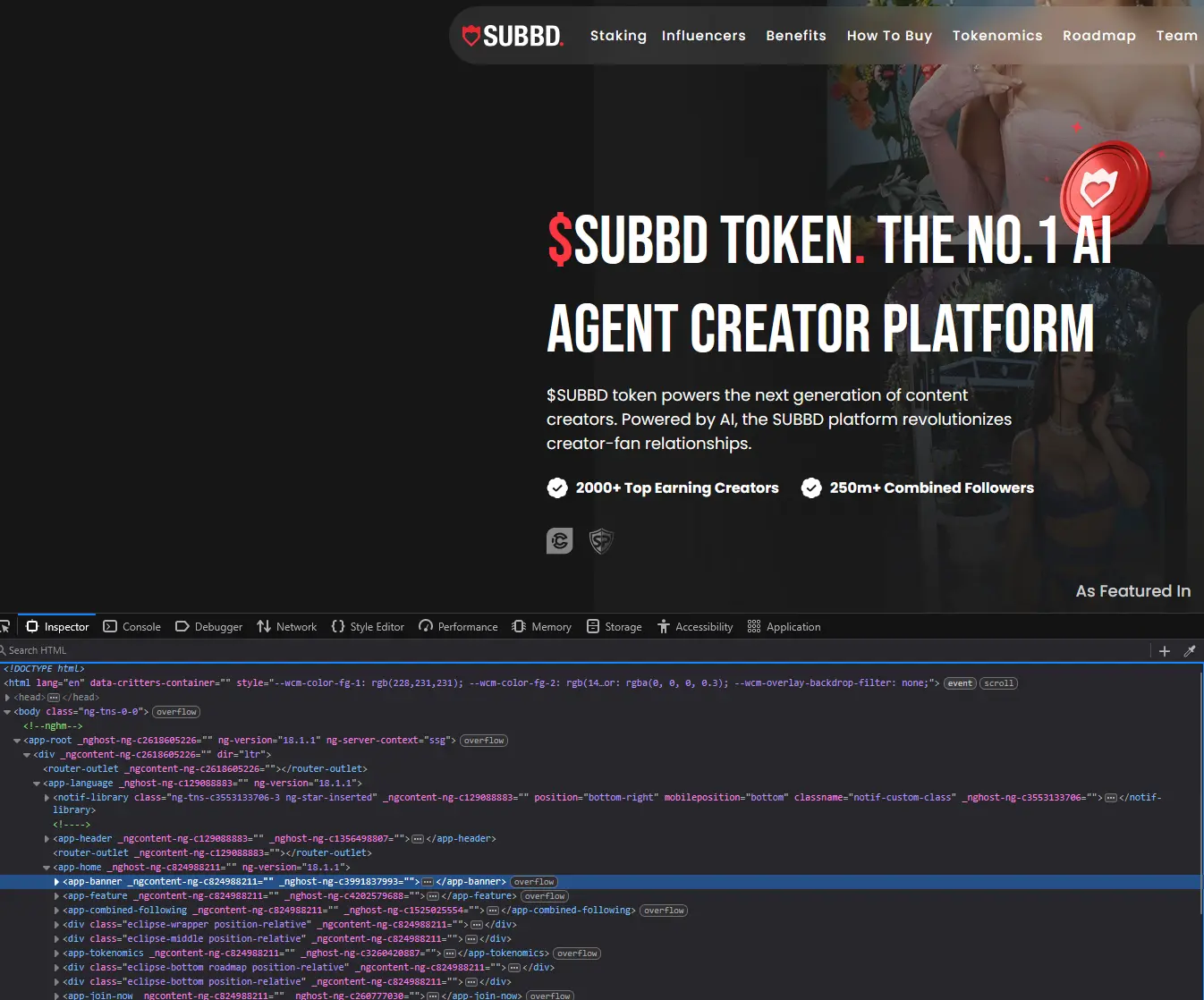 Web code snippet of SUBBD Token, shows Angular components like <app-header> and <app-banner> as well as identical ng--classes.