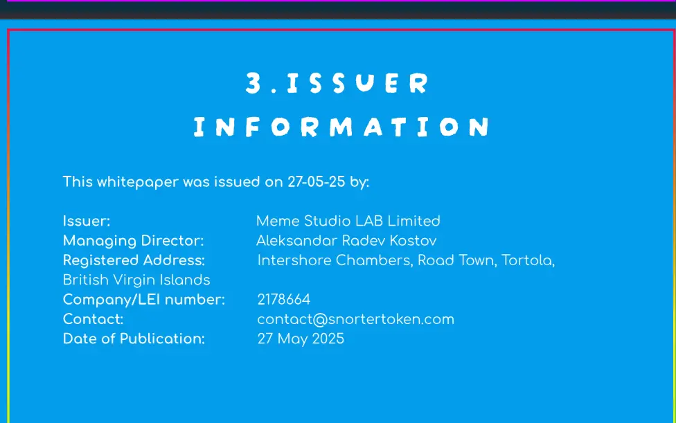 Issuer information for SnorterToken, shows Meme Studio LAB Ltd., company number 2178664, registered at Intershore Chambers, Road Town, Tortola, BVI.