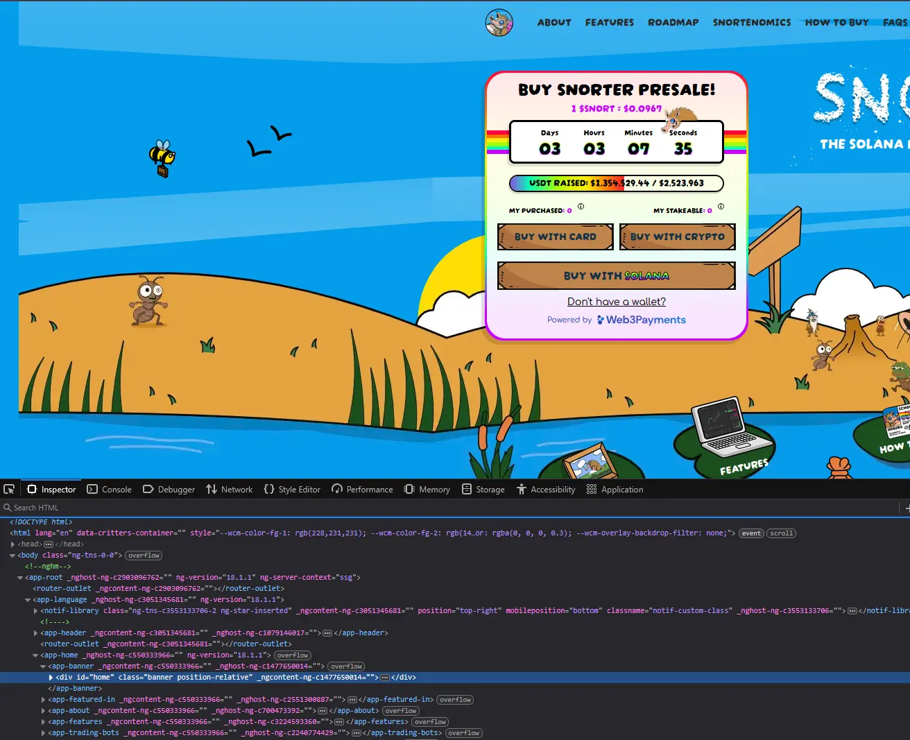 Web code snippet of SnorterToken, shows Angular components like <app-header> and <app-banner> as well as identical ng--classes.