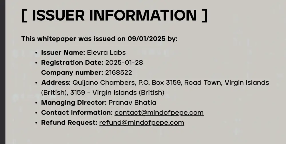 Issuer information for MindOfPepe, shows Elevra Labs, company number 2168522, registered at Quijano Chambers, P.O Box 3159, Road Town, BVI.
