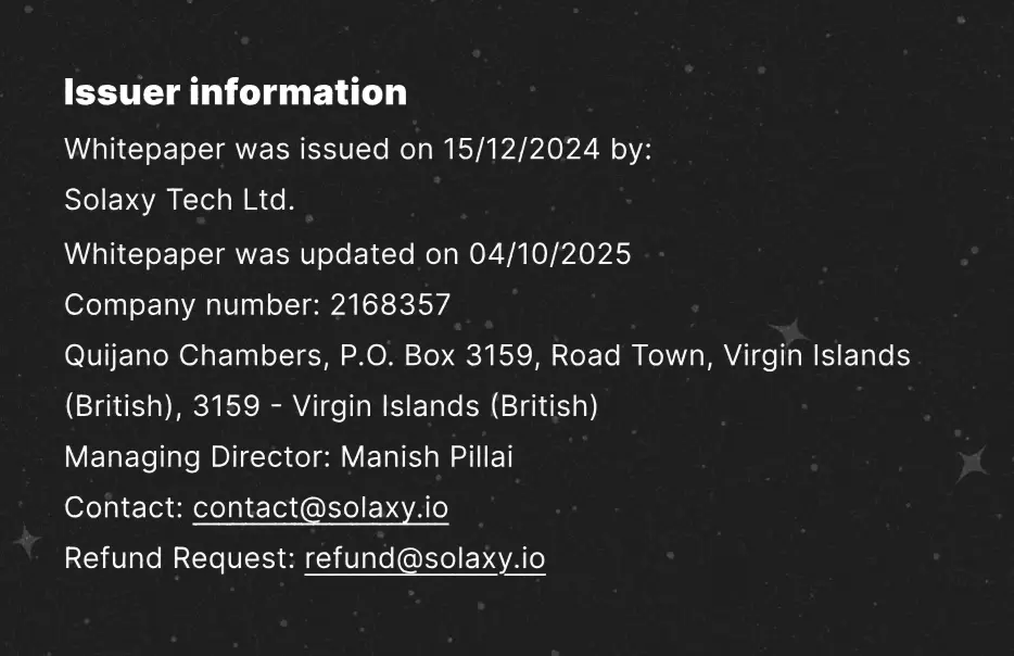 Issuer information for Solaxy, shows Solaxy Tech Ltd., company number 2168357, registered at Quijano Chambers, P.O Box 3159, Road Town, BVI.