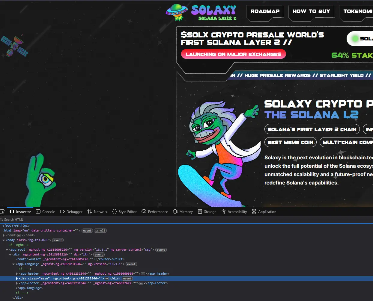 Web code snippet of Solaxy, shows Angular components like <app-header> and <app-banner> as well as identical ng--classes.