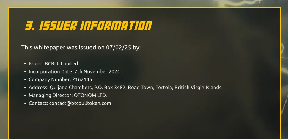 Issuer information for BTCBull, shows BCBLL Limited, company number 2162145, registered at Quijano Chambers, P.O Box 3482, Road Town, Tortola BVI.